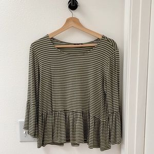 Olive and White Striped Peplum Top with Bell Sleeves